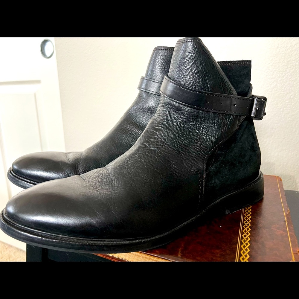 All Saints leather & suede boots with wrap buckle
